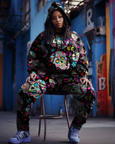 Women's Big Size Skull Petal Graffiti Hoodie Sweatpants Set
